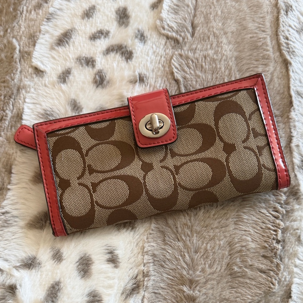 Coach Signature Canvas Wallet with Coral Trim and Silver Turn Lock